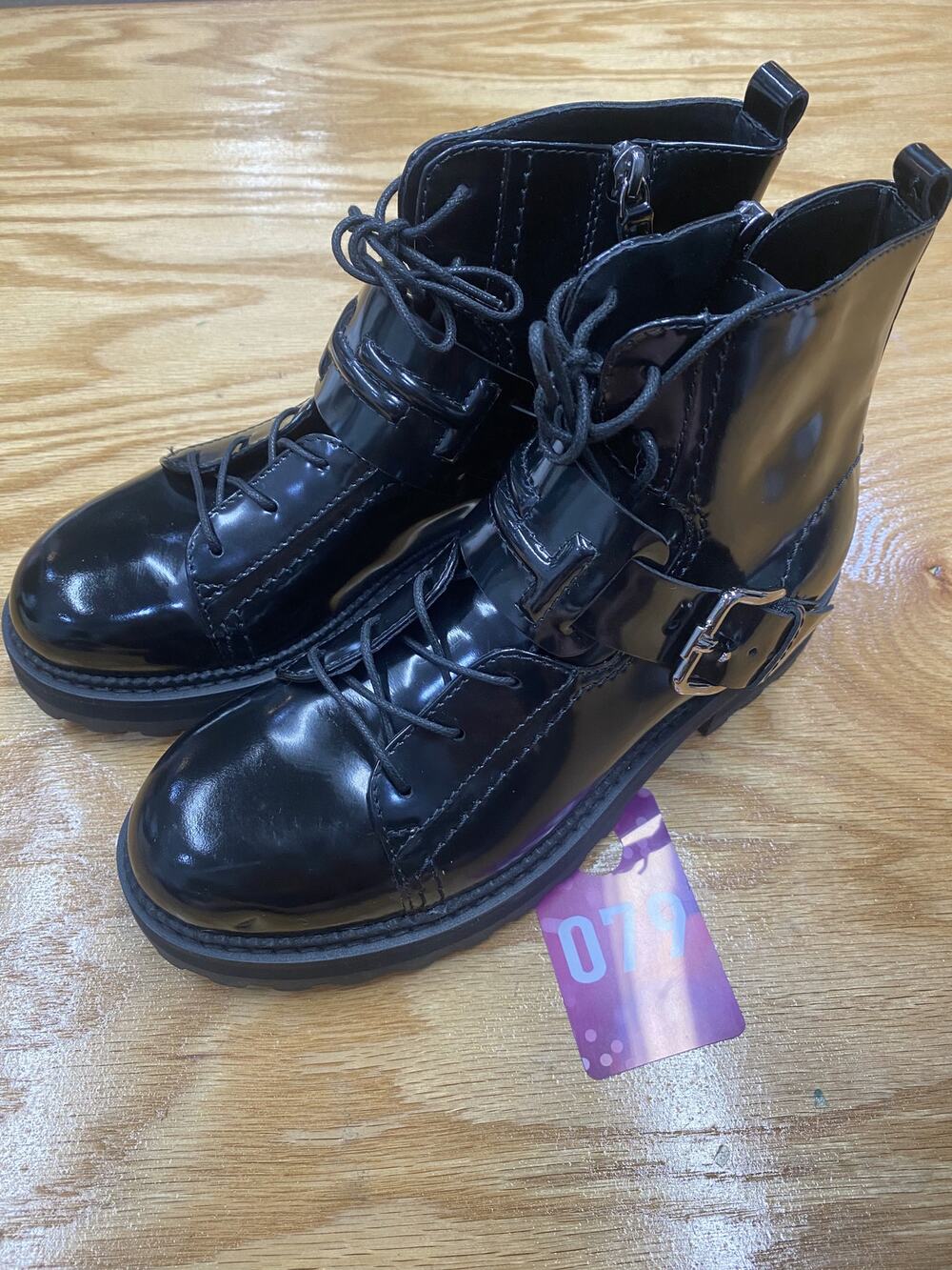 Tod's Women's 6.5 Black Patent Leather Side Zip Lace Up Ankle Strap Combat Boots